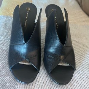 Trina Turk black leather heeled mules